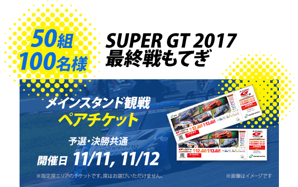 50組 100名様 SUPER GT 2017 最終戦もてぎ メインスタンド観戦 ペアチケット 予選・決勝共通 開催日 11/11, 11/12