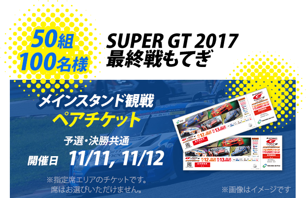 50組 100名様 SUPER GT 2017 最終戦もてぎ メインスタンド観戦 ペアチケット 予選・決勝共通 開催日 11/11, 11/12